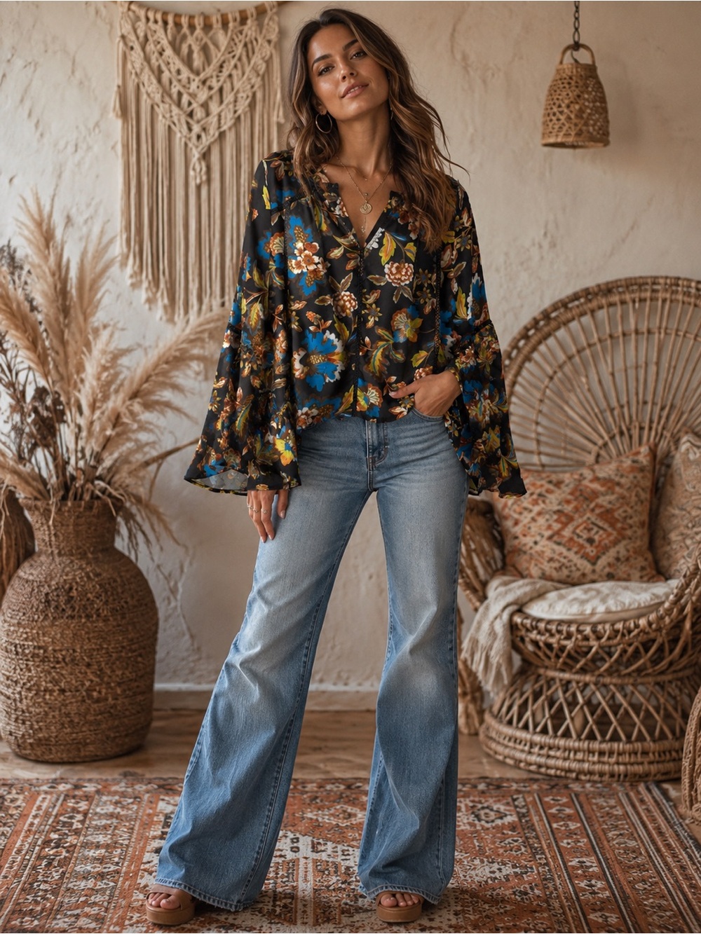 🌟B723. Boho Black Floral V-Neck Bell Sleeve Blouse